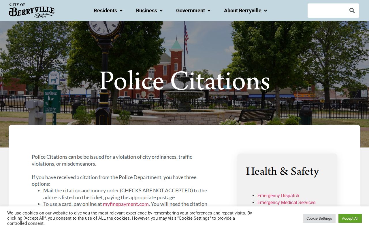 Berryville official mail, online, and in-person citation payment instructions