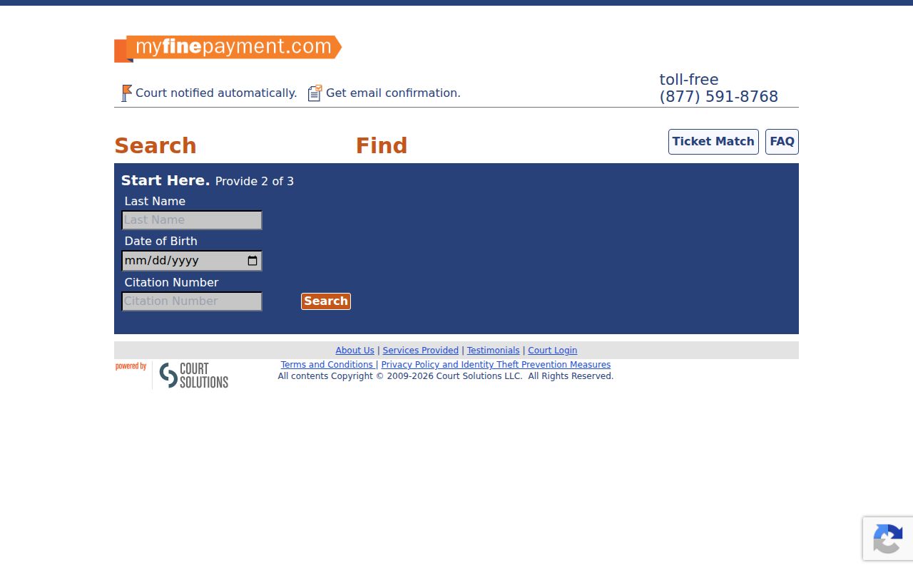 MyFinePayment two-of-three citation lookup fields used for Carroll County citations