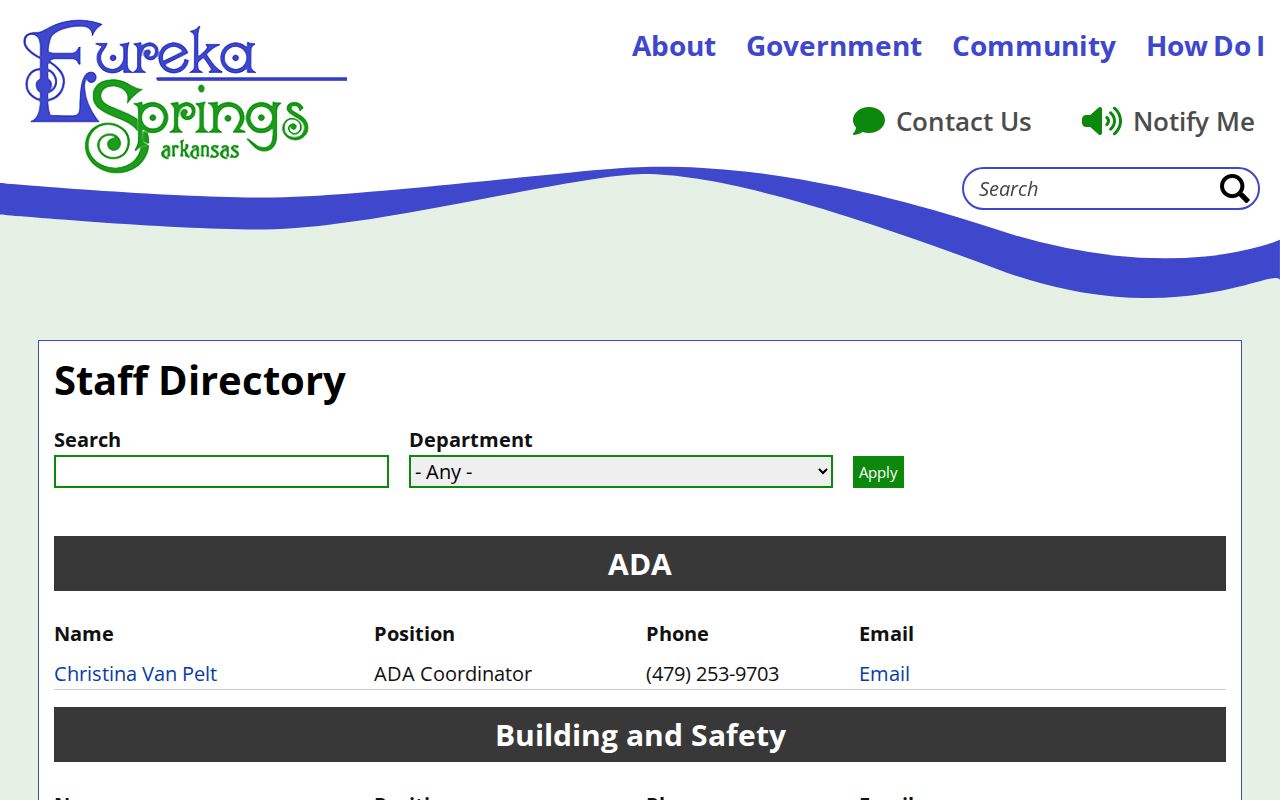 Eureka Springs directory with police, district court, and county contact cards
