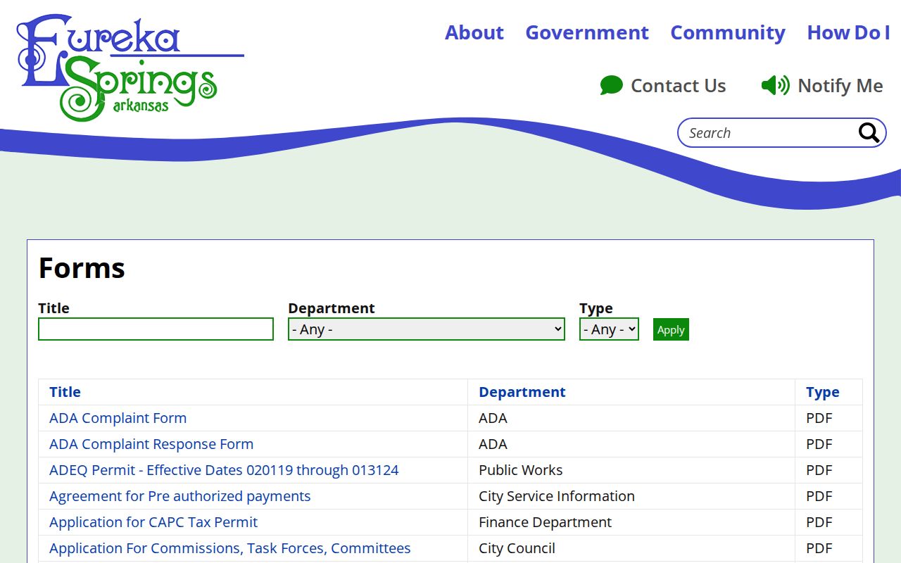 Eureka Springs official forms index listing a public records request form