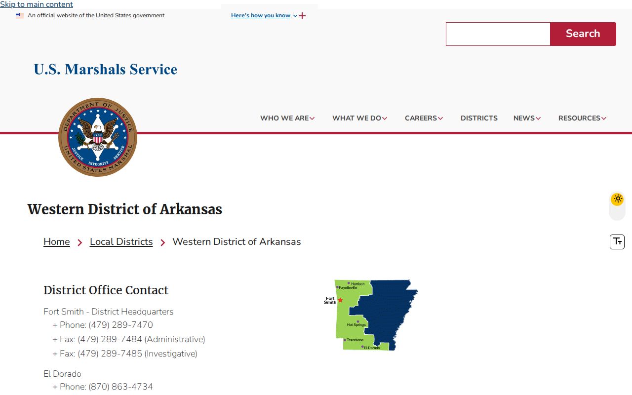U.S. Marshals Western District of Arkansas fugitive task force mission and contact information